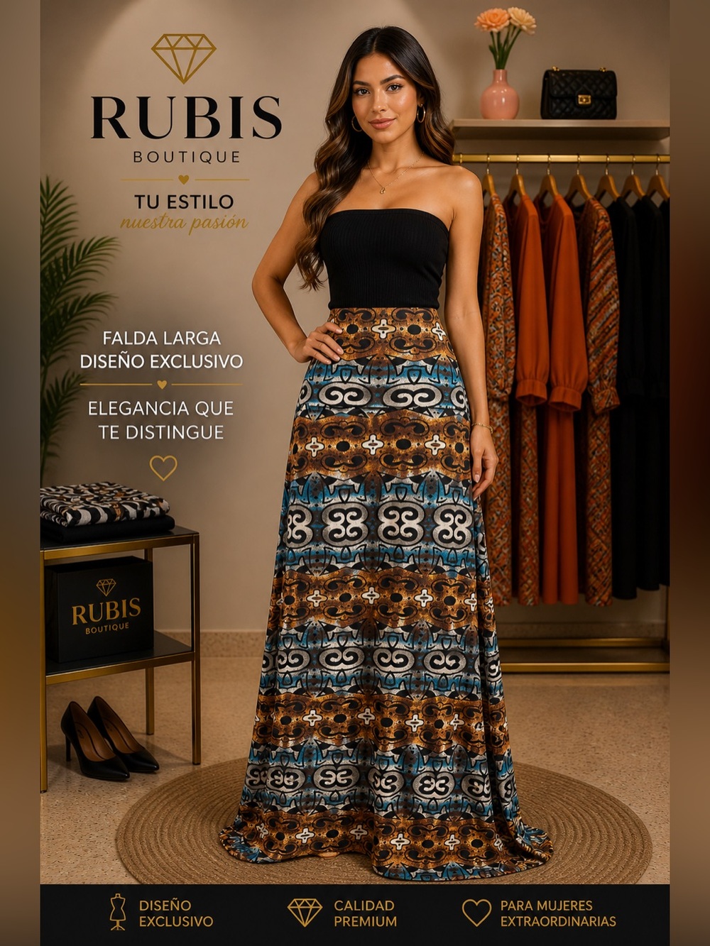 Rubis Boutique Printed Maxi Skirt in Blue & Brown